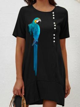 Damen Lässig Sommer Papageien Täglich Weit Midi Rundhals Regelmäßig Normal und Regal Kleid Kleider