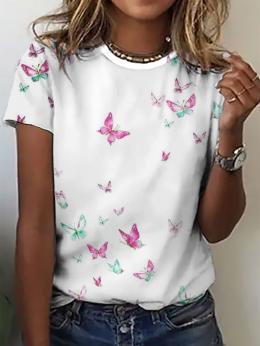 Damen Lässig Sommer Schmetterling Print Kurzarm Rundhals Regelmäßig H-Linie Regelmäßig T-Shirts