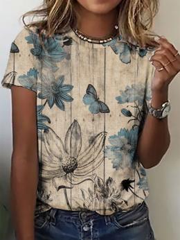 Damen Lässig Sommer Schmetterling Print Mikroelastizität Weit Jersey Rundhals Regelmäßig T-Shirts