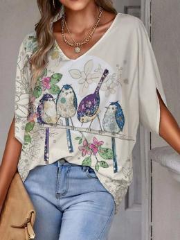 Damen Lässig Sommer Vogel Polyester Täglich Weit Mittellang H-Linie Regelmäßig Shirts