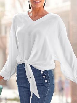 Damen Lässig Unifarben Frühling Baumwolle V-Ausschnitt Normal Weit Langarm H-Linie Blusen & Shirts