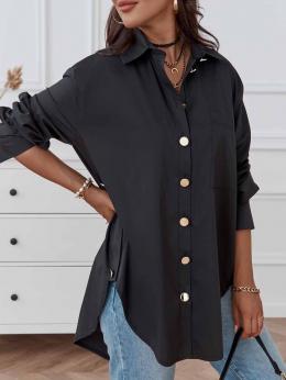 Damen Lässig Unifarben Frühling Polyester Keine Elastizität Täglich Weit Mittellang Hemdkragen Bluse