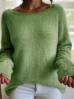 Damen Lässig Unifarben Herbst Gestrickt Täglich Weit Langarm Rundhals H-Linie Pullover