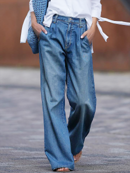 Damen Lässig Unifarben Herbst Mikro-Elastizität Täglich Weit Standard Denim Lang Jeans