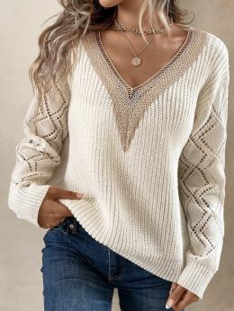 Damen Lässig Unifarben Herbst V-Ausschnitt Mikro-Elastizität Täglich Langarm Wolle/Stricken Regelmäßig Pullover