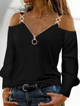 Damen Lässig Unifarben Herbst V-Ausschnitt Reißverschluss Mikro-Elastizität Weit Langarm H-Linie Blusen & Shirts