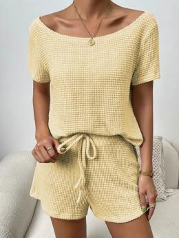 Damen Lässig Unifarben Sommer Polyester Täglich U-Boot-Ausschnitt Bluse mit Hose H-Linie Regelmäßig Zweiteiliges Sets