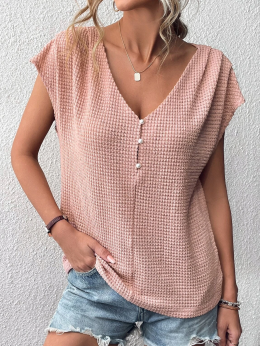 Damen Lässig Unifarben Sommer Polyester V-Ausschnitt Mikroelastizität Weit Standard Flügelärmel Shirts