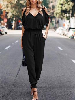 Damen Lässig Unifarben Sommer V-Ausschnitt Cut-Outs Täglich Kurzarm X-Linie Regelmäßig Jumpsuits