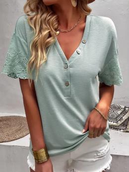 Damen Lässig Unifarben Sommer V-Ausschnitt Mikroelastizität Weit Jersey Regelmäßig H-Linie Shirts