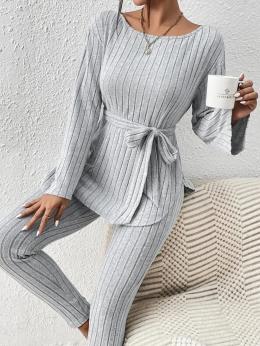 Damen Lässig Unifarben Winter Normal Weit Rundhals Bluse mit Hose H-Linie Regelmäßig Zwei Stücke Sets