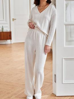 Damen Lässig Unifarben Winter V-Ausschnitt Normal Langarm Baumwolle-Gemisch Bluse mit Hose H-Linie Zwei Stücke Sets