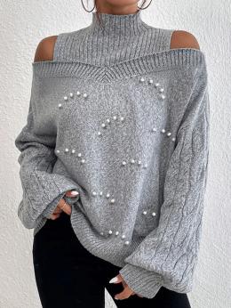 Damen Lässig Unifarben Winter Weit Langarm Regelmäßig H-Linie Mittlere Elastizität Halber Rollkragen Pullover