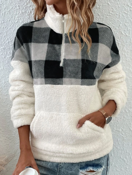 Damen Lässig Winter Kariert Keine Elastizität Weit Standard Langarm Regelmäßig H-Linie Sweatshirts