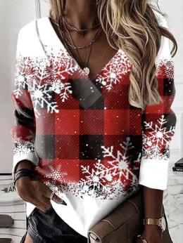 Damen Lässig Winter Kariert V-Ausschnitt Urlaub Weihnachten Langarm Regelmäßig H-Linie Sweatshirts