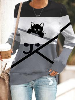 Damen Lässig Winter Katze Normal Mikro-Elastizität Täglich Weit Jersey Rundhals Sweatshirts