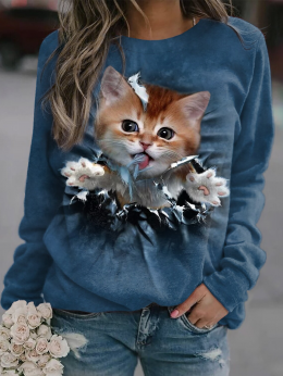 Damen Lässig Winter Katze Polyester Täglich Weit Langarm Rundhals Regelmäßig Sweatshirts