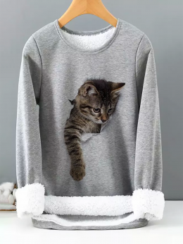 Damen Lässig Winter Katze Weit Wärme Langarm Rundhals Regelmäßig Regelmäßig T-Bluse