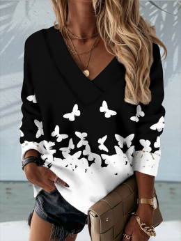 Damen Lässig Winter Schmetterling V-Ausschnitt Täglich Weit Bestseller Langarm H-Linie Sweatshirts