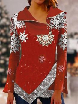 Damen Lässig Winter Schneeflocke Weit Glitzernd Weihnachten Schalkragen H-Linie Regelmäßig Blusen & Shirts