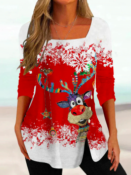 Damen Lässig Winter Weihnachten Karree-Ausschnitt Geknöpft Urlaub Weit Weihnachten Regelmäßig T-Bluse