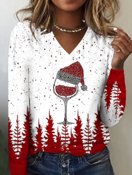 Damen Lässig Winter Weihnachten Keine Elastizität Täglich Jersey Weihnachten Langarm H-Linie T-Bluse