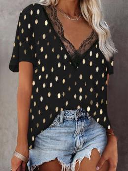 Damen Polka Dots Lässig Sommer Mikroelastizität Täglich Weit Kurzarm H-Linie Spitze Shirts