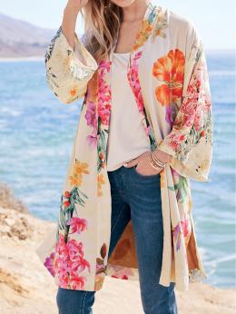 Damen Rot Geblümt Frühling/Herbst Urlaub Polyester Mikroelastizität Bestseller Langarm Mittellang H-Linie Kimonos