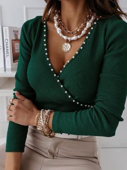 Damen Sexy Unifarben Winter Polyester V-Ausschnitt Perlen Mikro-Elastizität H-Linie Regelmäßig T-Bluse