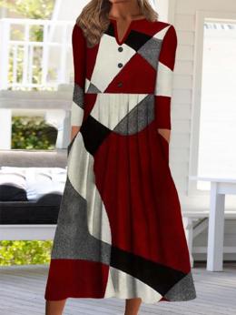 Farbblock Lässig Herbst Polyester Normal Täglich Midi Standard A-Linien Kleider für Damen