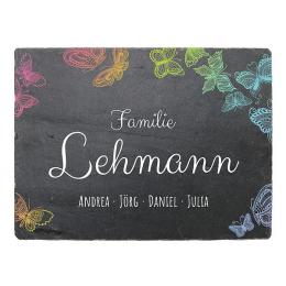 Farbig bedrucktes Schiefertürschild mit Schmetterlingen und Namen 20 x 15 cm