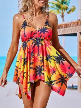Geblümt Sommer Elegant Polyester V-Ausschnitt Bügellos Regelmäßig Urlaub Gallus Schwimmen Kleider für Damen
