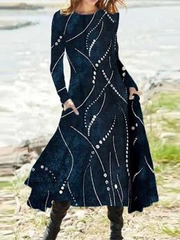 Geometrisch Lässig Herbst Mikroelastizität Täglich Weit Lang Standard Langarm Kleider für Damen