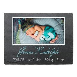 Geschenk zur Geburt eines Kindes: Schieferschild mit Foto & Daten - 200 x 150 mm - Design Junge