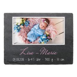 Geschenkidee zur Geburt Schieferschild mit Foto & Geburtsdaten - 200 x 150 mm - Design Mädchen