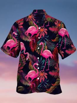 Herren Lässig Sommer Flamingo Mikroelastizität Urlaub Weit Kurzarm Regelmäßig H-Linie Aloha-Hemden
