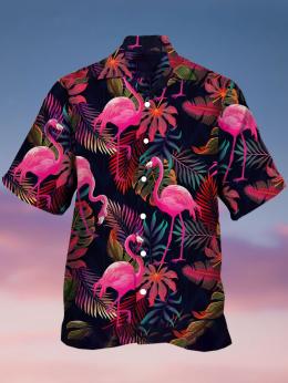 Herren Lässig Sommer Flamingo Mikroelastizität Urlaub Weit Kurzarm Regelmäßig H-Linie Aloha-Hemden