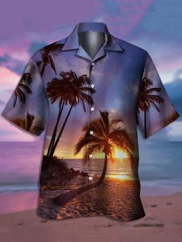 Herren Urlaub Sommer Kokosnussbaum Polyester Leicht Knöpfe Kurzarm Passen Urlaub Aloha-Hemden