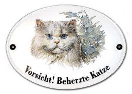Katzenschild Vorsicht beherzte Katze aus Emaille 18,3 x 14,3 cm