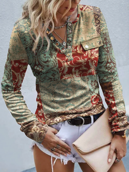 Lässig Abstrakt Herbst V-Ausschnitt Jersey Bestseller Regelmäßig H-Linie Regelmäßig T-Bluse für Damen