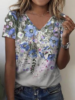 Lässig Blau Geblümt Sommer Keine Elastizität Zuhause Weit Jersey Kurzarm H-Linie T-Shirts für Damen