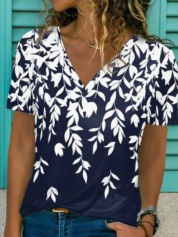 Lässig Blau Geblümt Sommer V-Ausschnitt Keine Elastizität Weit Jersey Kurzarm H-Linie T-Shirts für Damen