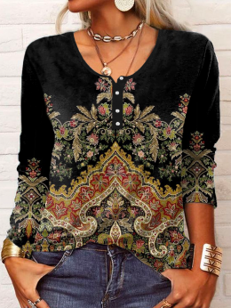 Lässig Ethnisch Herbst Geknöpft Täglich Rundhals Regelmäßig H-Linie Regelmäßig T-Bluse für Damen