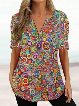 Lässig Ethnisch Sommer Mikroelastizität Täglich Jersey Kurzarm X-Linie Regelmäßig Shirts für Damen