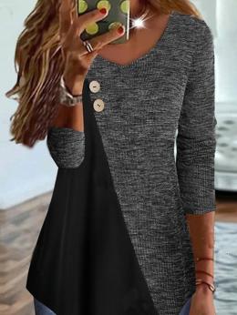 Lässig Farbblock Herbst V-Ausschnitt Weit Standard Regelmäßig H-Linie Regelmäßig T-Bluse für Damen