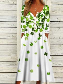 Lässig Frühling/Herbst vierblättriges Kleeblatt Midi 1 * Kleid Langarm A-Linien Schnalle NS.Patricks Day Kleider für Damen