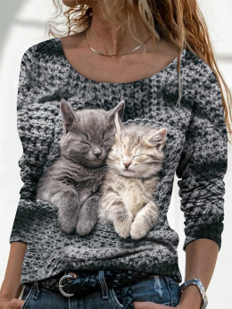 Lässig Frühling Katze Keine Elastizität Täglich Langarm Rundhals Regelmäßig H-Linie Blusen & Shirts für Damen