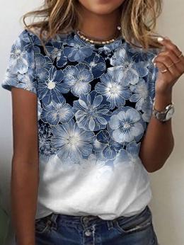 Lässig Geblümt Sommer Mikroelastizität Jersey Bestseller Kurzarm H-Linie Regelmäßig T-Shirt für Damen