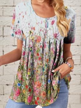 Lässig Geblümt Sommer Print Täglich Jersey Rundhals Regelmäßig H-Linie Shirts für Damen