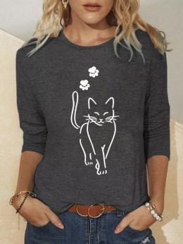 Lässig Herbst Katze Normal Mikro-Elastizität Weit Bestseller Langarm Regelmäßig T-Bluse für Damen